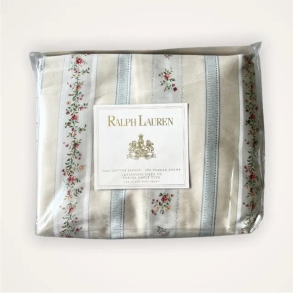 Ralph Lauren Bedding Ralph Lauren Julianne Rose Floral Stripe Queen Flat Sheet Sateen Blue